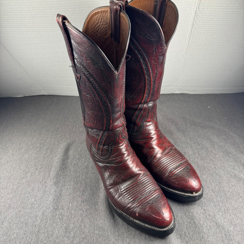 Lucchese San Antonio Mens 10 D Black Cherry Leather Cowboy Boots VTG NOSLICK BTM